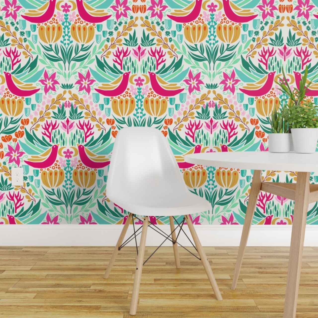 Peel &#x26; Stick Wallpaper 2FT Wide Colorful Birds Pink Green Boho Botanical Floral Custom Removable Wallpaper by Spoonflower
